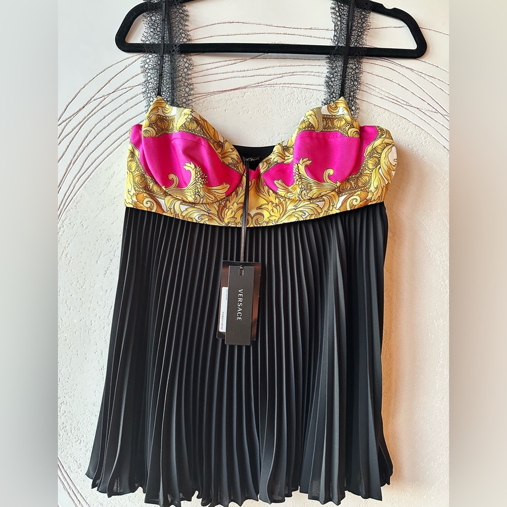 NWT Versace Pink Gold Black Baroque Pleated babydoll Too